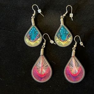 Two pair multi color threaded earrings, teardrop, silver toned, 2”L